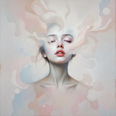 The primary subject of the image is a woman with her eyes closed, possibly sleeping or resting. She is the main focus of the image. The setting is a room with a bed, and the visual style is a painting or drawing. The colors and mood of the image are predominantly pink, creating a warm and soothing atmosphere.